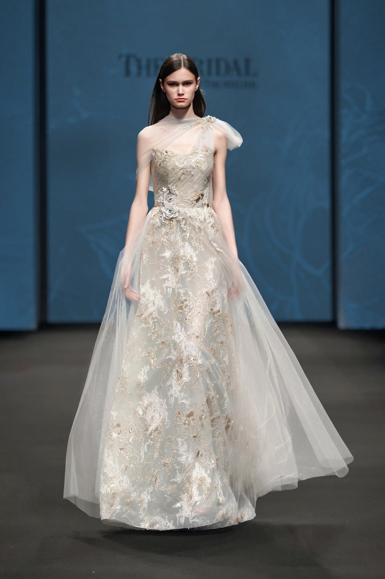 Embroidered Long Dress With Asymmetric shoulder