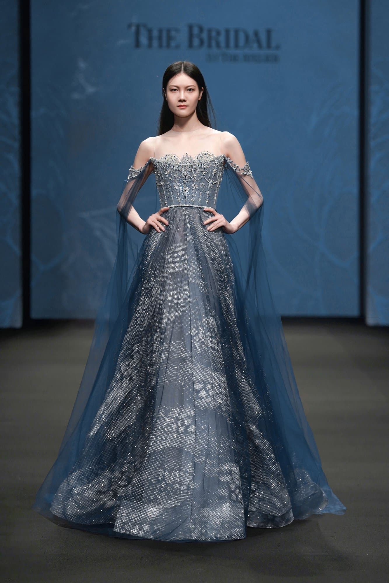 Blue Open Shoulder Long Dress