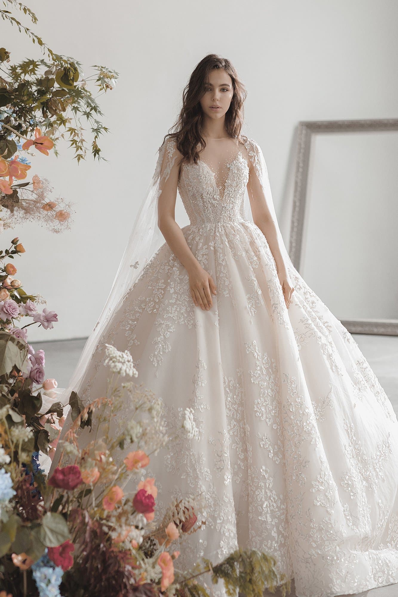 BEADED LACE WEDDING GOWN WITH CAPE
