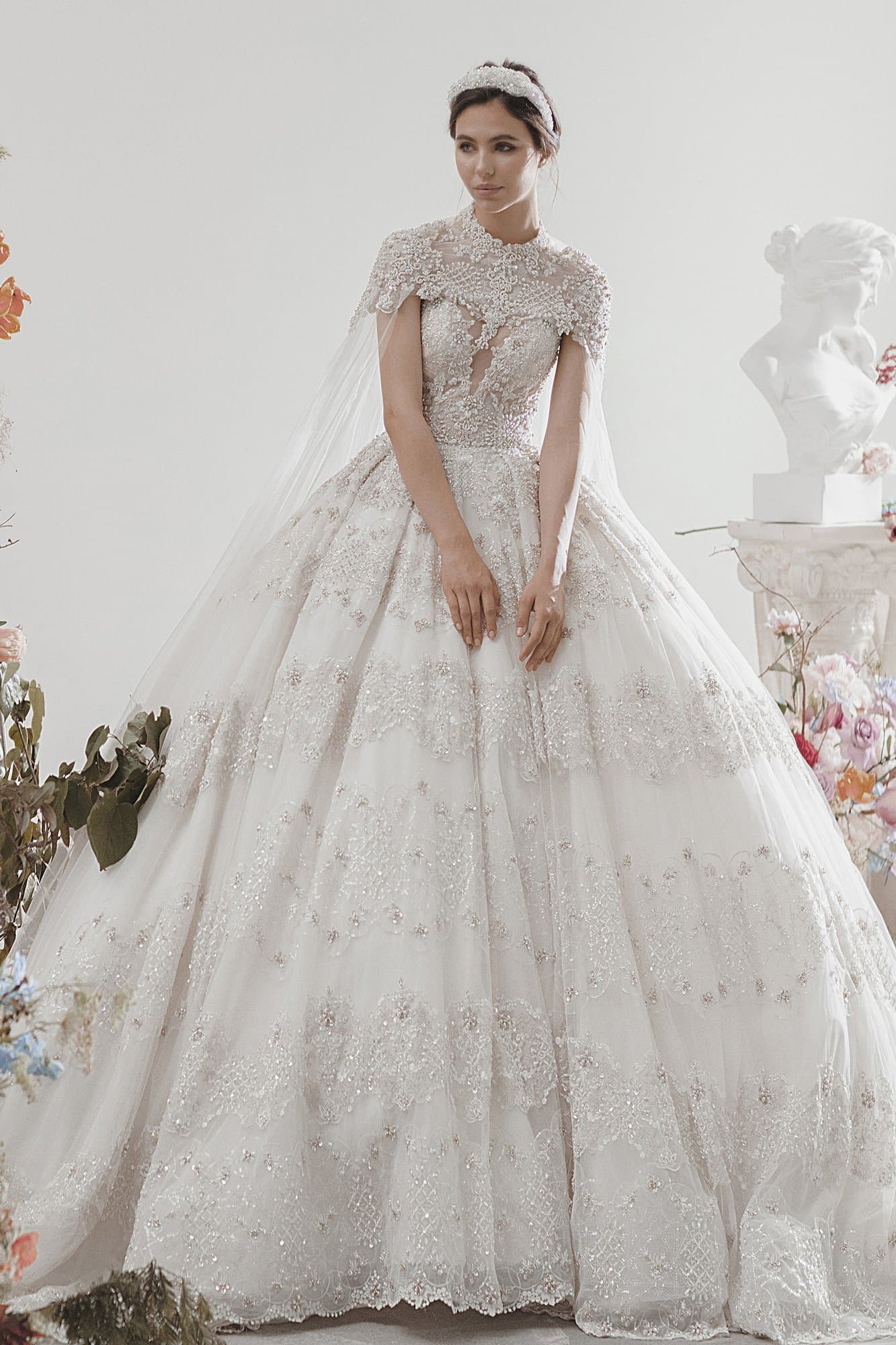 ROYAL WEDDING GOWN WITH BEADED LACE CAPE